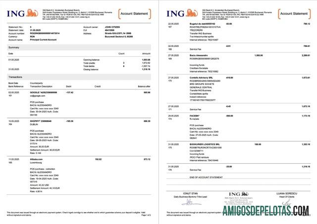 Extrato de conta bancária ING da Holanda para download, modelo Word e PDF, 2 páginas